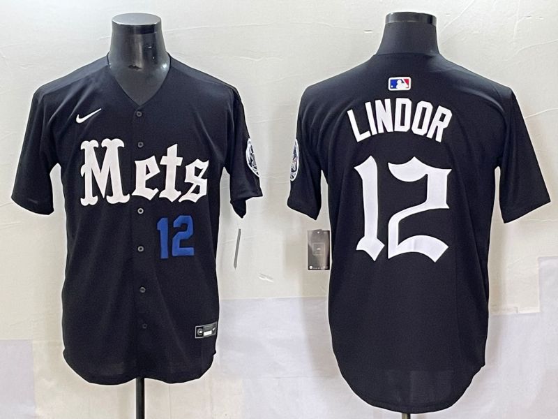 Men 2025 New York Mets #12 Lindor Black Five generations Joint Name Nike MLB Jersey style 4
